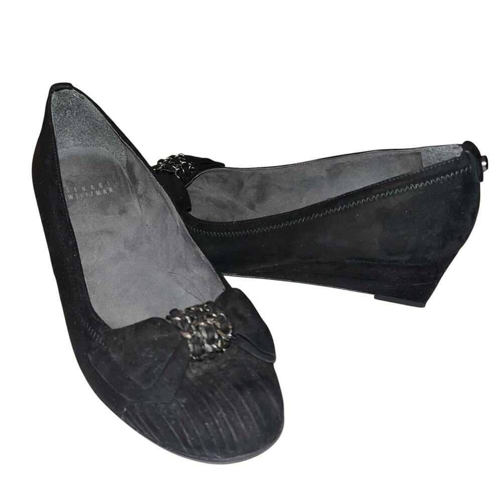 Stuart Weitzman Black Suede Chain Bow & Pleats Wedge Heel Size 5.5